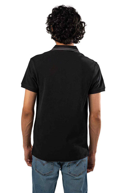 Black short-sleeve polo shirt, plain back with striped collar