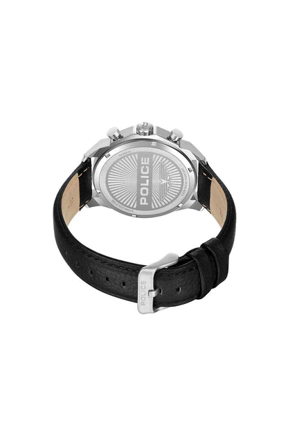Engraved caseback and black leather strap of a round Police watch