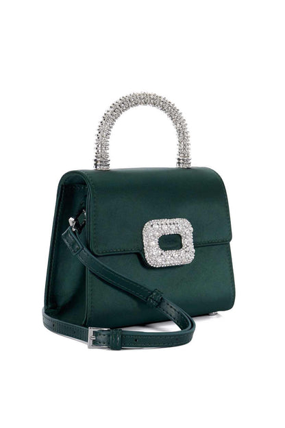 Dune London green mini crossbody bag with rhinestone buckle and chain handle
