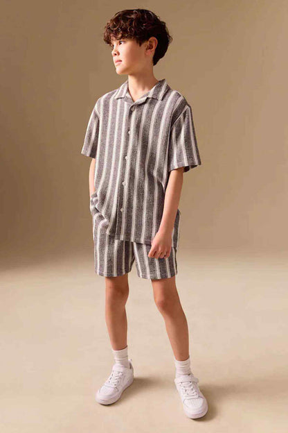 Kids striped button-up shirt and shorts set in brown and white, short sleeves