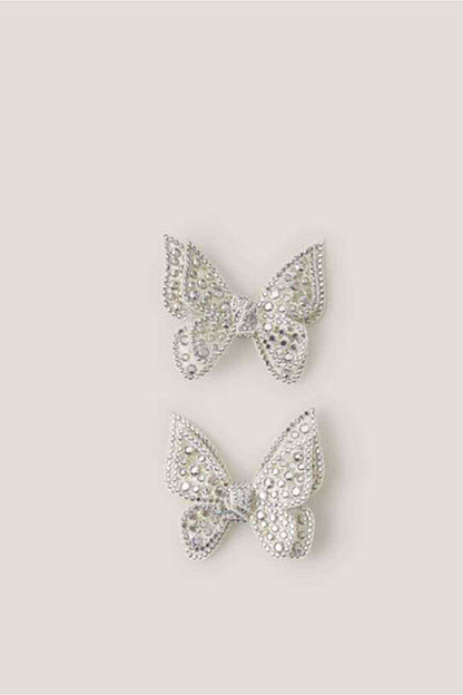 Silver rhinestone bow hair clips, set of two