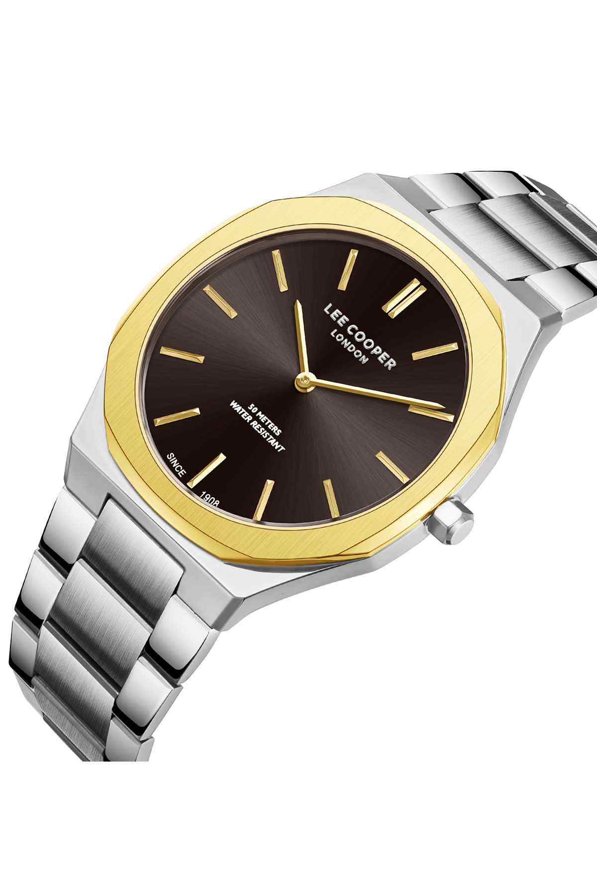 Wristwatch with dark dial, gold bezel, silver metal bracelet, crown on right