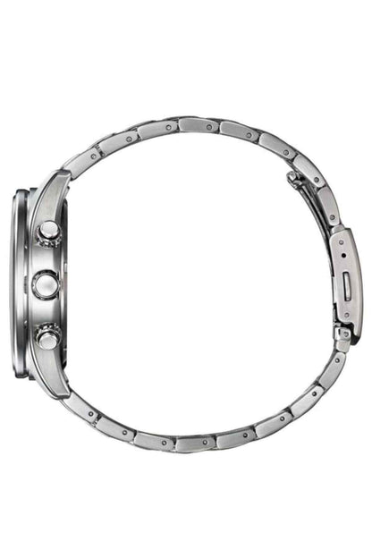Silver wristwatch side profile with metal bracelet and two crown buttons