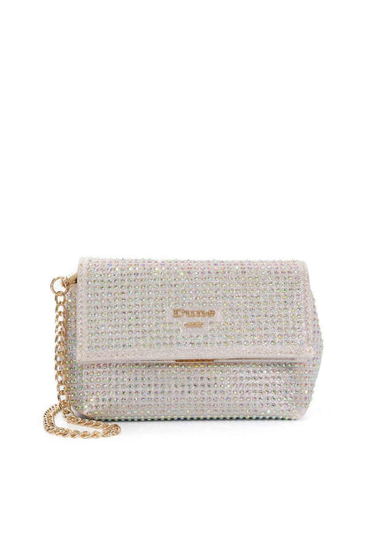 Rhinestone crossbody bag with magnetic flap and gold-tone chain strap