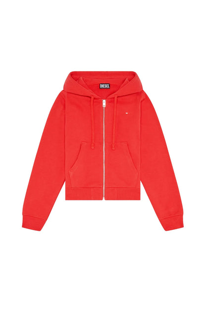 Red zip-up hoodie with drawstring hood, full front zipper, and front kangaroo pockets