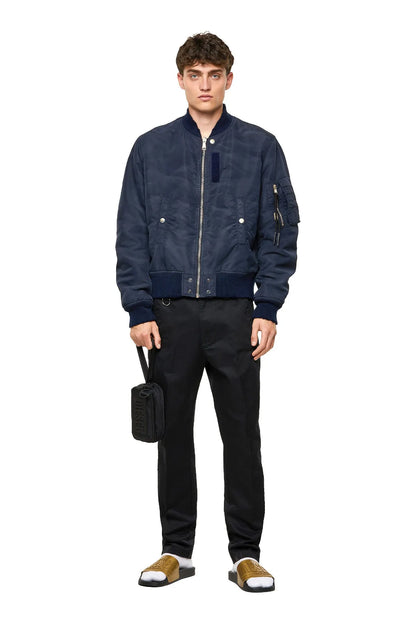 Black pants with zip fly, belt loops, and side pocket tabs