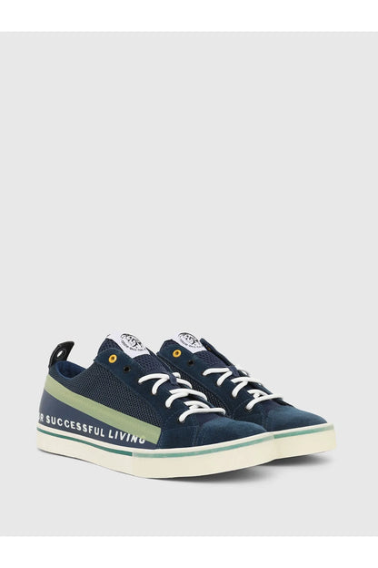 Diesel low-top sneakers, dark blue with green accent and white midsoles, lace-up