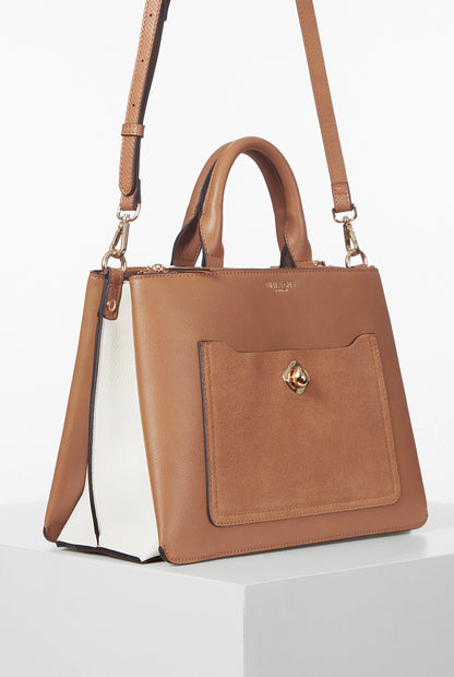 Brown structured handbag with top handles, shoulder strap, and front flap pocket with gold clasp.
