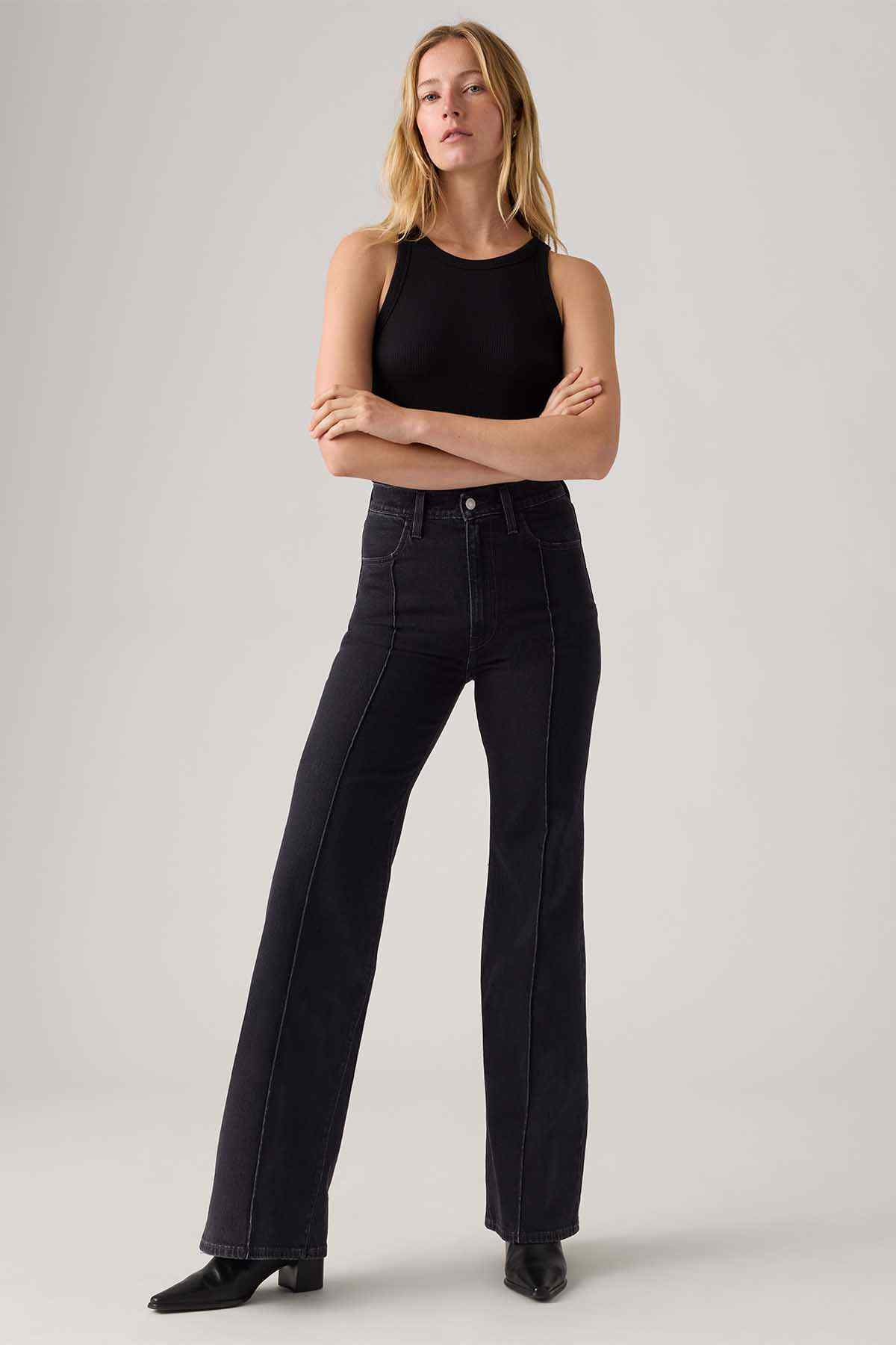 Women's black wide-leg jeans, high rise with belt loops and front button closure