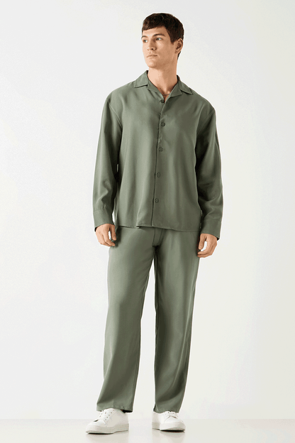 Men's sage green button-up shirt and matching trousers set