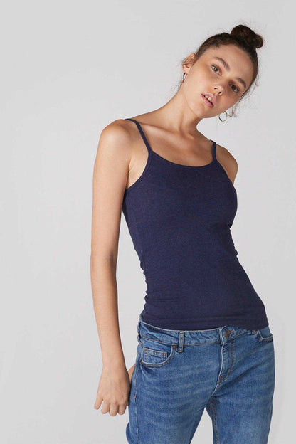 Navy spaghetti-strap tank top with scoop neckline