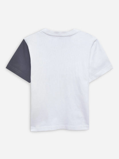 White cotton T-shirt with dark navy short sleeves, crew neck