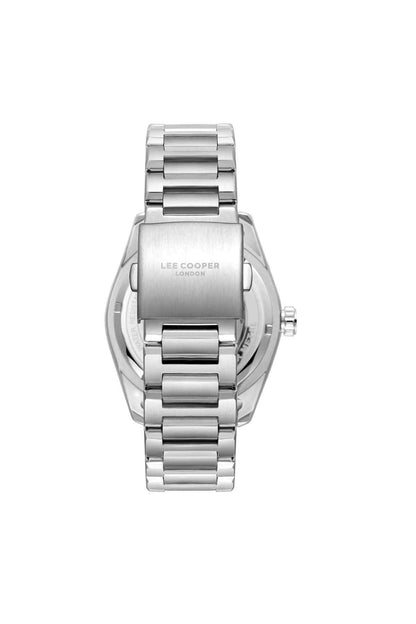 Silver metal link wristwatch with round case and fold-over clasp