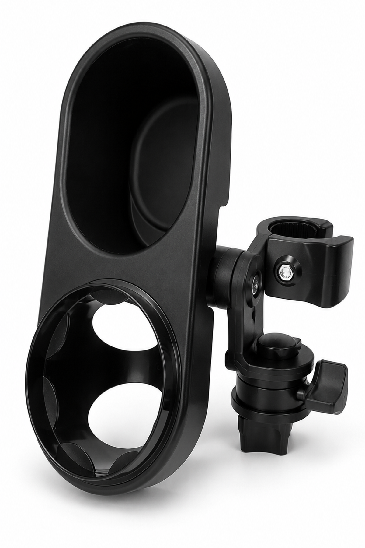Black stroller cup holder attachment with clamp mount