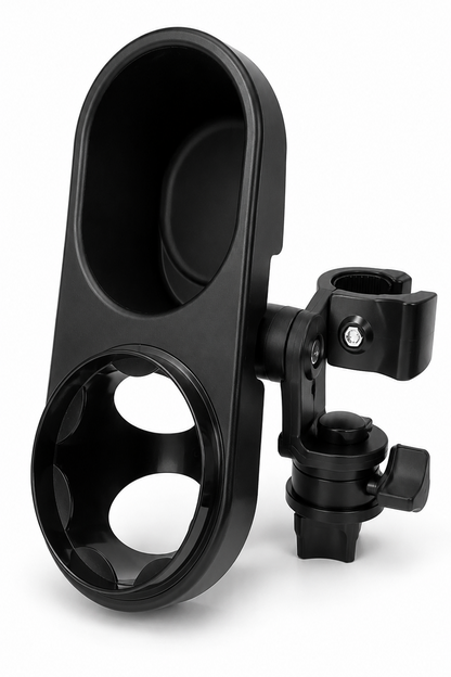 Black stroller cup holder attachment with clamp mount