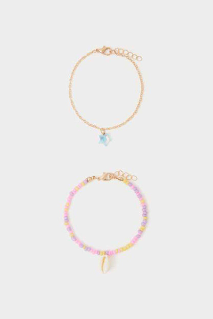 Pastel multi charm bracelets: gold chain with blue star charm and beaded drop charm