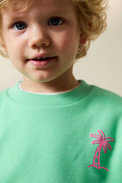 Kids mint green sweatshirt close-up with ribbed collar and pink palm tree