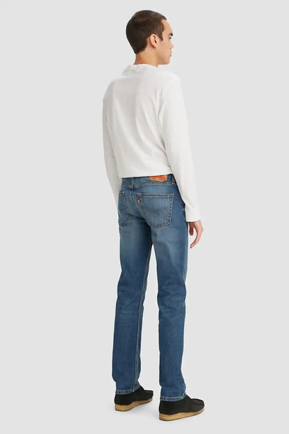 Blue straight-leg jeans, back view, with belt loops