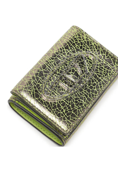 Gold and lime crocodile-textured leather wallet, folded with visible snap