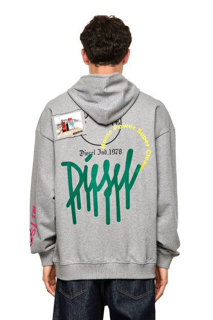 Grey Diesel pullover hoodie with hood and large back graphic print