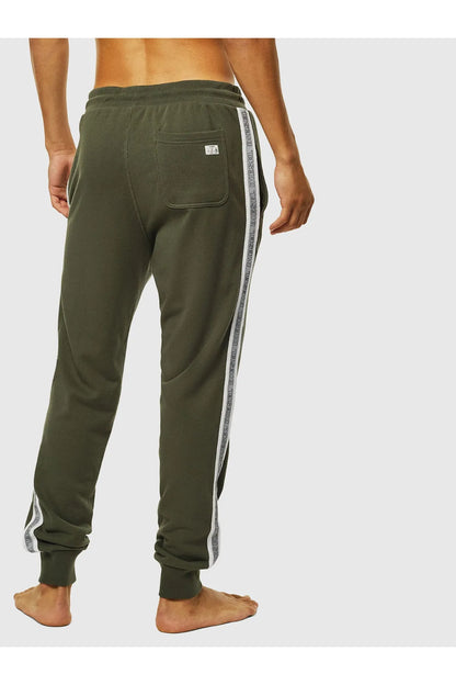 Green track pants with back patch pocket and white side stripe