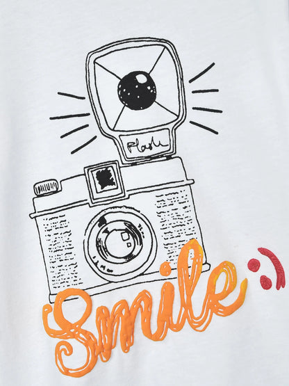 White long-sleeve pajama top with robot camera and orange 'Smile' graphic