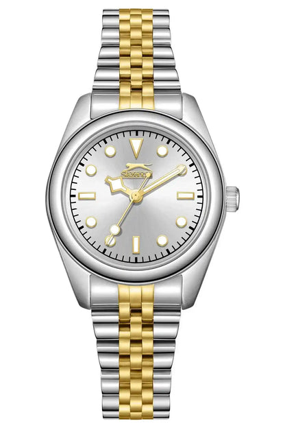 Silver and gold analog wristwatch with round dial, gold-tone hands, metal link bracelet