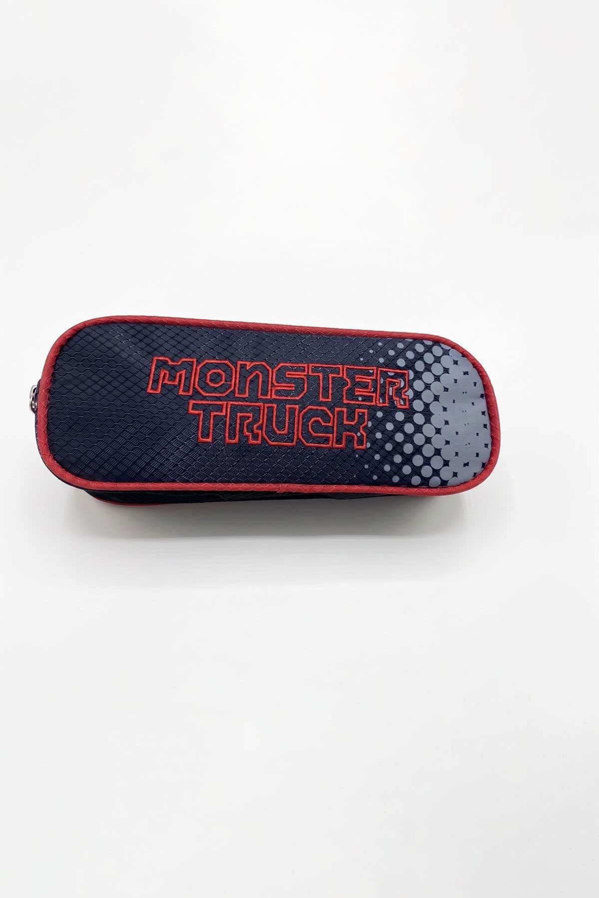Monster Truck pencil case front, dark navy with red dotted pattern and logo