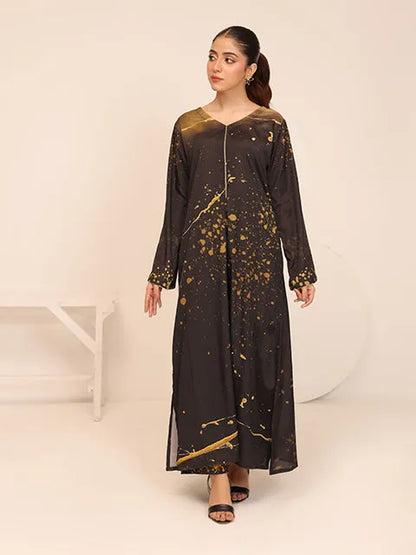 Dark maxi dress with gold speckle print, front buttons and long sleeves