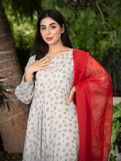 Floral print long-sleeve maxi dress with round neck, styled with red sheer dupatta