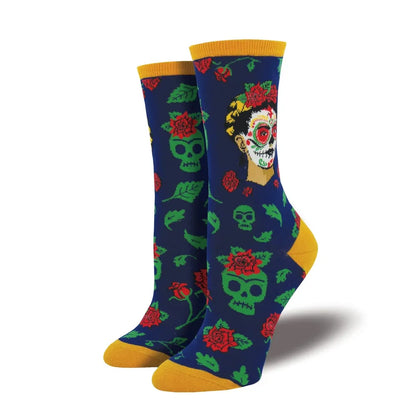 Navy crew socks with green skulls, red roses, and cartoon face, yellow toe
