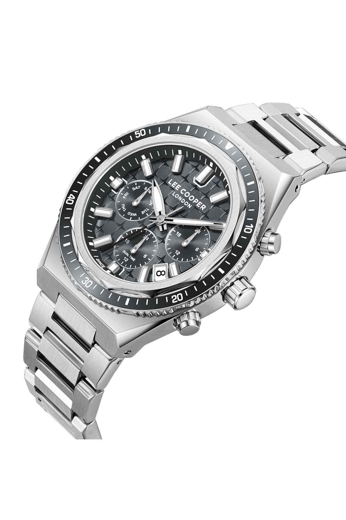 Silver chronograph wristwatch with black dial, multiple subdials, angled metal bracelet