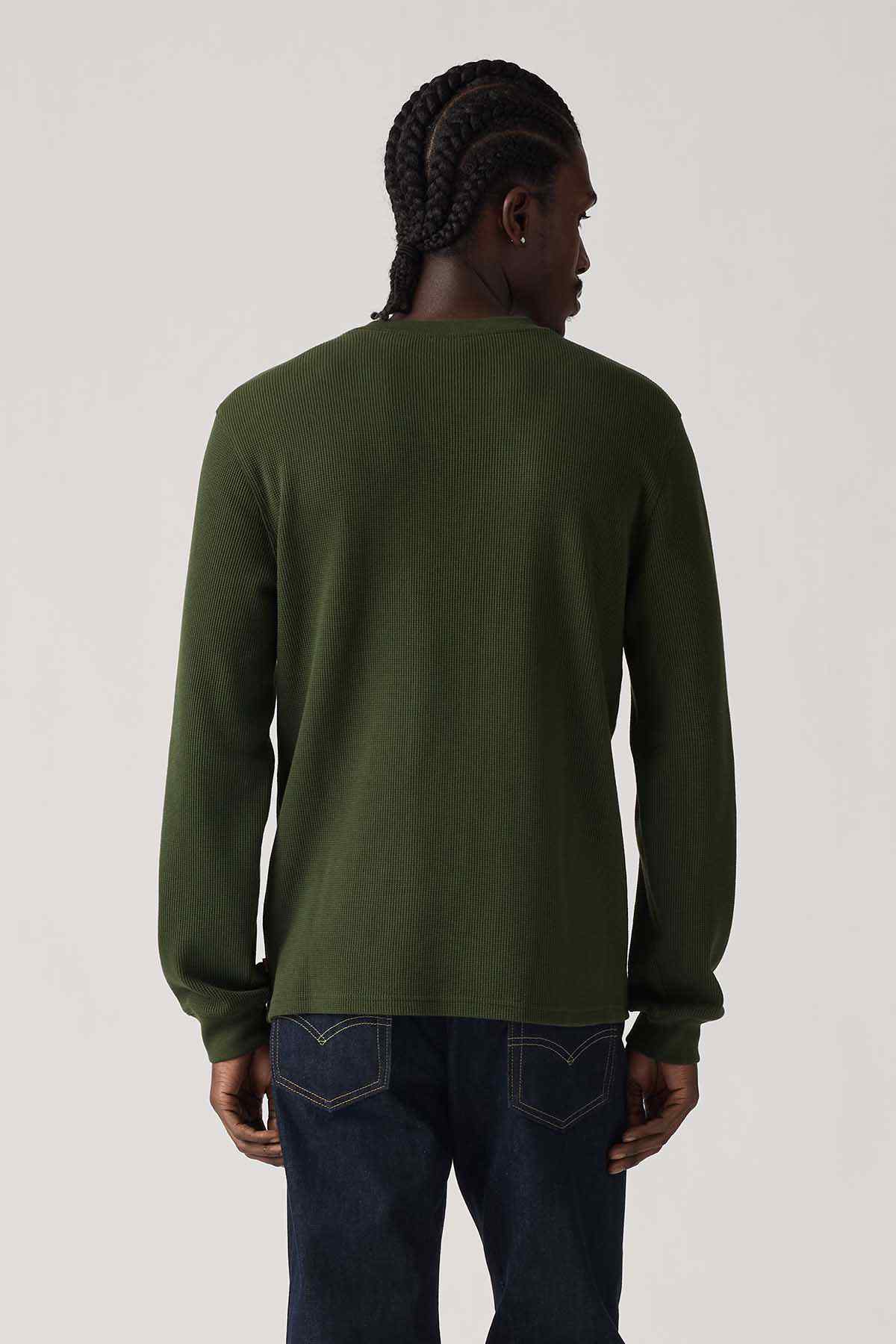 Long-sleeve crewneck sweatshirt, olive green back view, ribbed cuffs and hem
