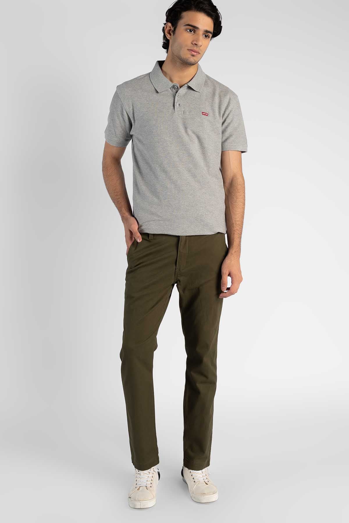 Men's olive straight-leg pants with front pockets and cuffed hems