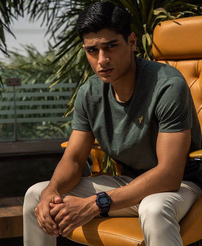 Fitted crew-neck short-sleeve T-shirt, dark teal; small yellow logo