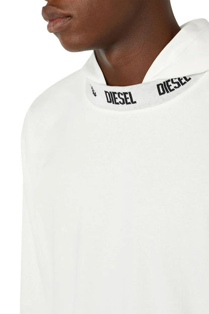 White pullover hoodie neckline with hood drawstring and printed logo