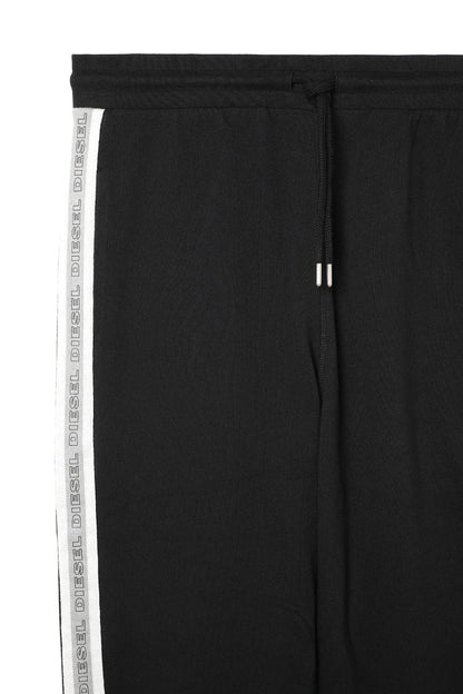 Black track pants waistband with drawstring and white Diesel logo stripe