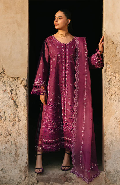Purple long-sleeve embroidered dress with scalloped front panel and lace trim