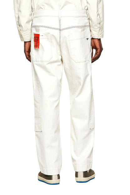 Diesel white cargo pants with stitched seams, button fly, and cargo pocket on leg