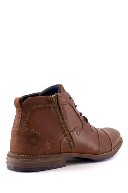 Tan-brown leather ankle boot with side zip and cushioned collar, low heel.