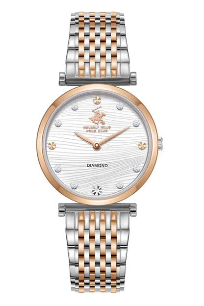 Two-tone silver and rose gold wristwatch with link bracelet and silver dial