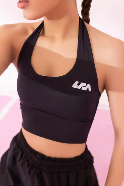 Black halter sports bra with front logo