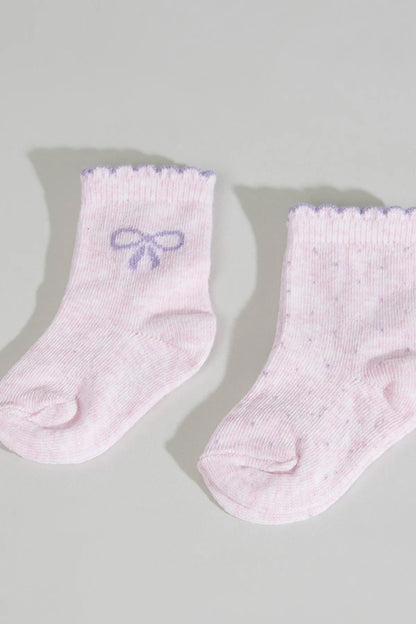 Pink baby socks with bow embroidery on cuff