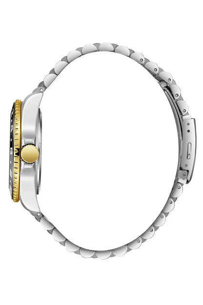 Two-tone wristwatch side view with silver bezel and gold accent on crown