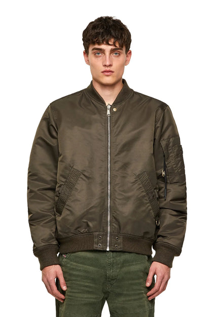 Diesel olive bomber jacket with front zipper and ribbed hem and cuffs