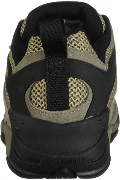 Merrell hiking shoes heel view with padded collar, textured fabric, and rubber tread.