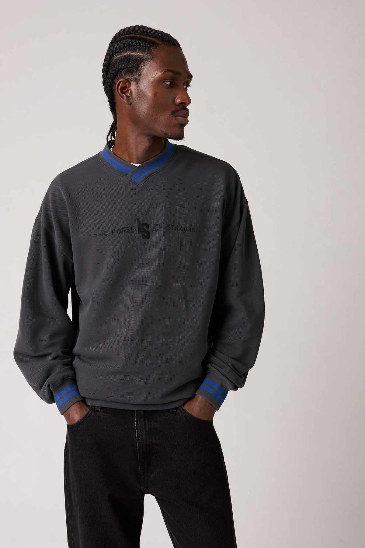 Levi's crewneck sweatshirt, dark gray, blue-striped rib cuffs and collar