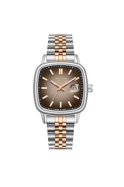 Lee Cooper square wristwatch with dark brown dial and silver/rose gold metal bracelet