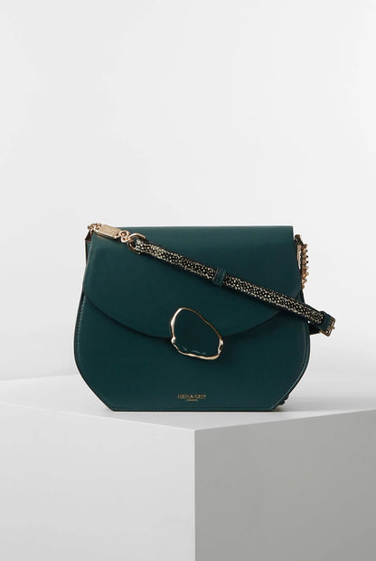 Teal flap crossbody bag with gold-tone clasp and chain strap