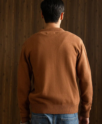 Back of men's fitted brown cardigan with ribbed hem and cuffs
